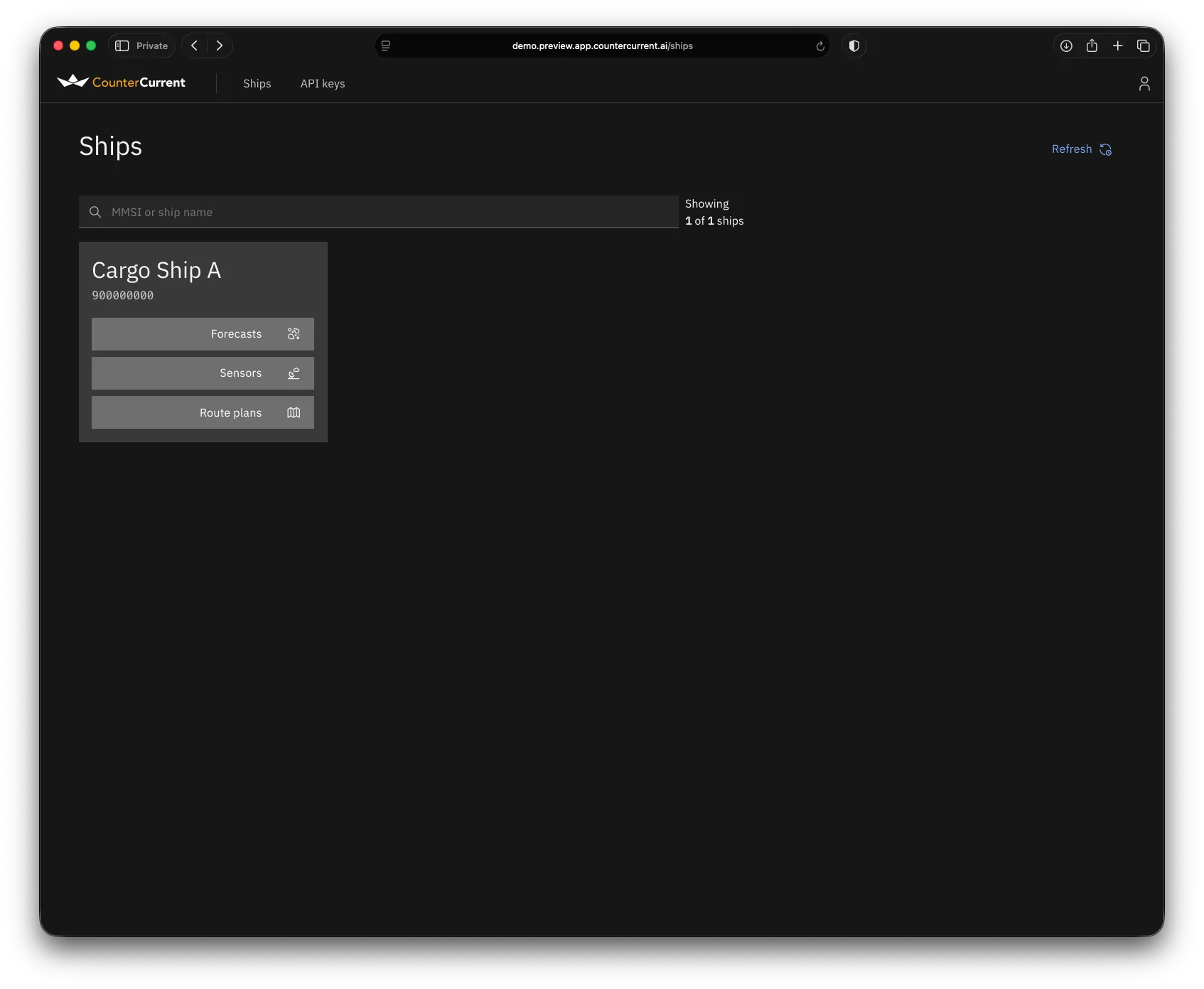 Ships page with Forecasts, Sensors, and Route plans